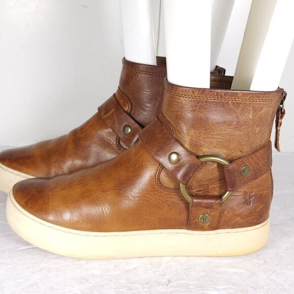 Frye Women’s Lena US6,5 Cognac Brown Leather Back Zip Harness Ankle Boots - Picture 2 of 16